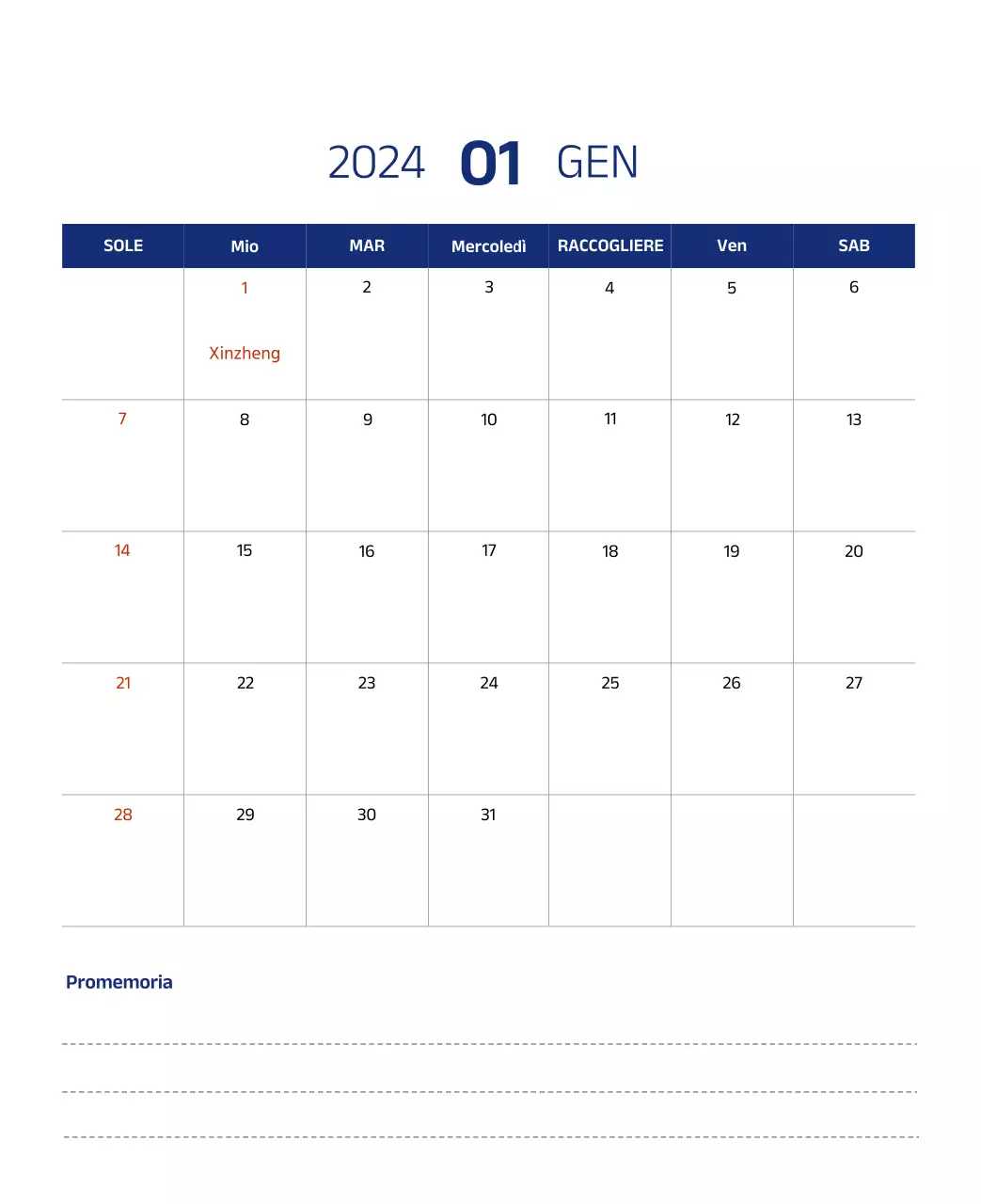 Calendario semplice con illustrazioni pulite in blu