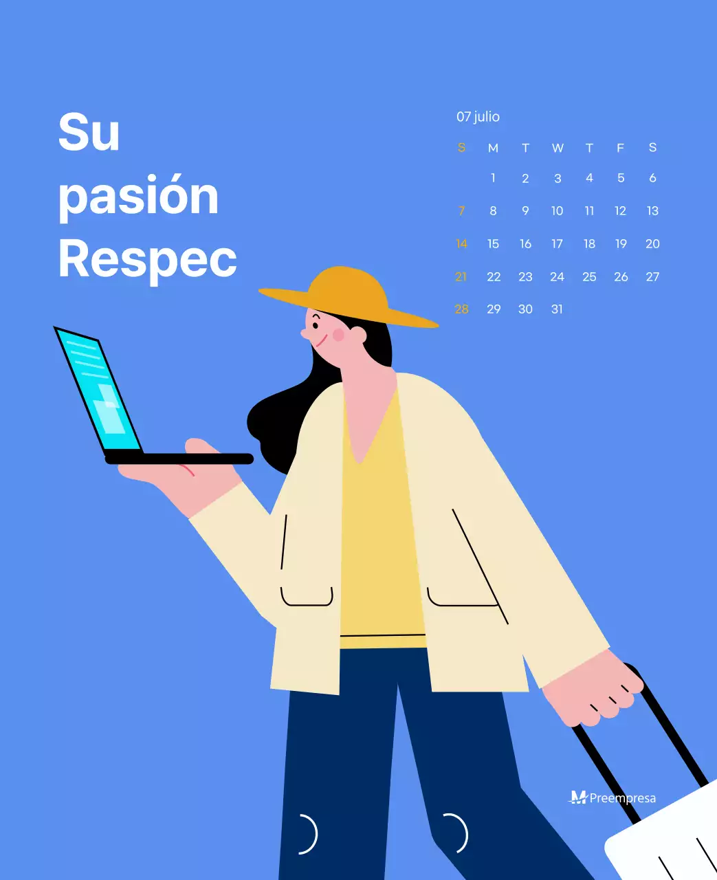 Calendario motivacional con ilustraciones llenas de energía y citas positivas sobre fondo azul claro