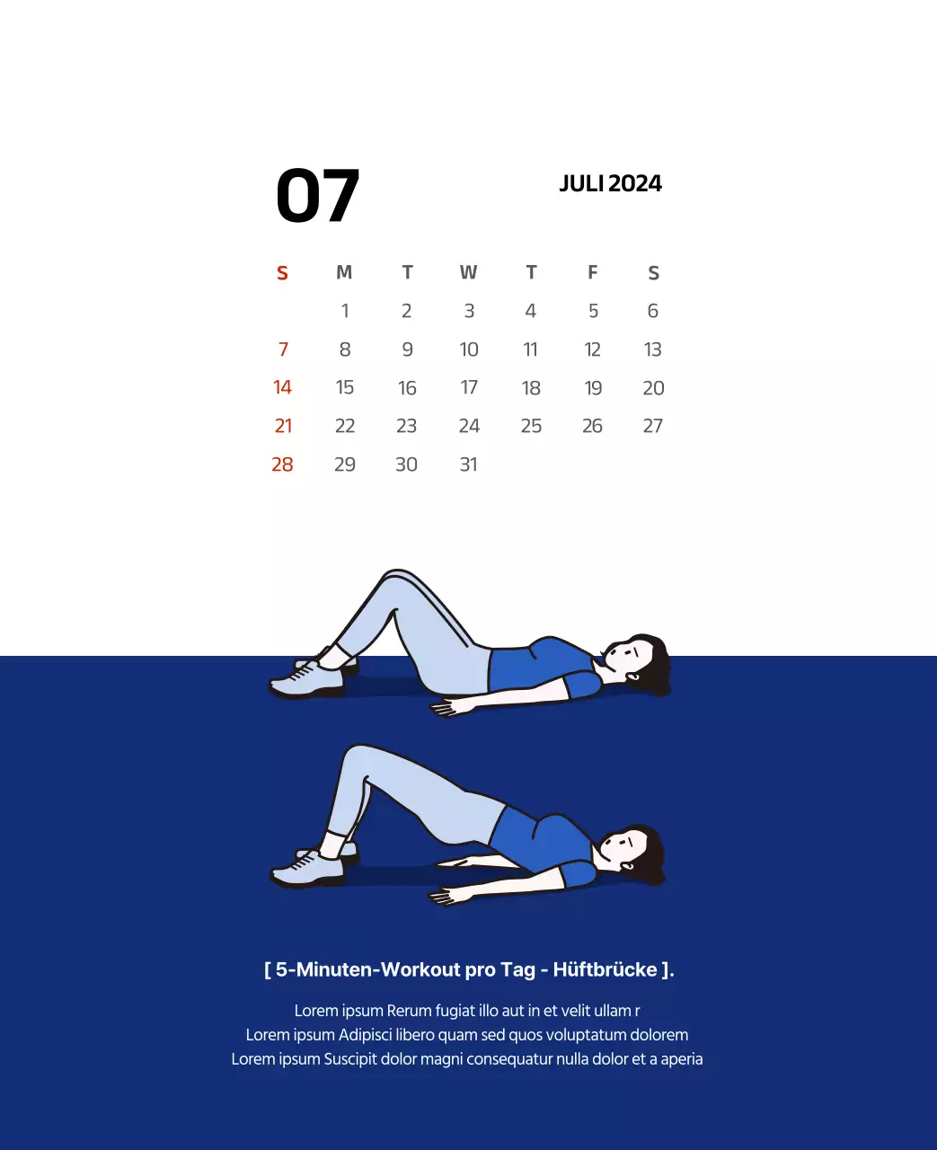 Einfacher Kalender mit klaren Illustrationen in Blau