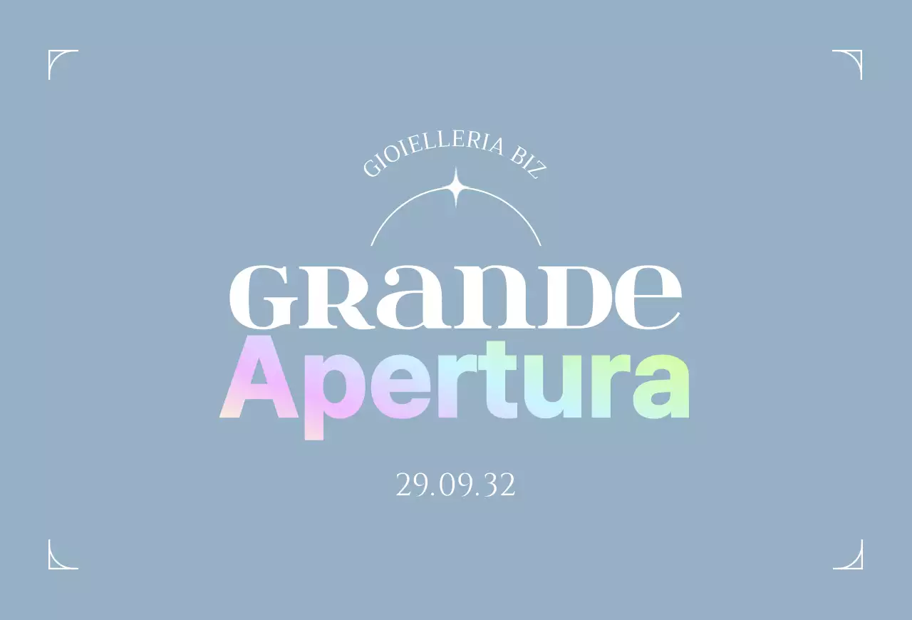 Una cartolina che promuove l'apertura di una gioielleria nei toni del blu chiaro