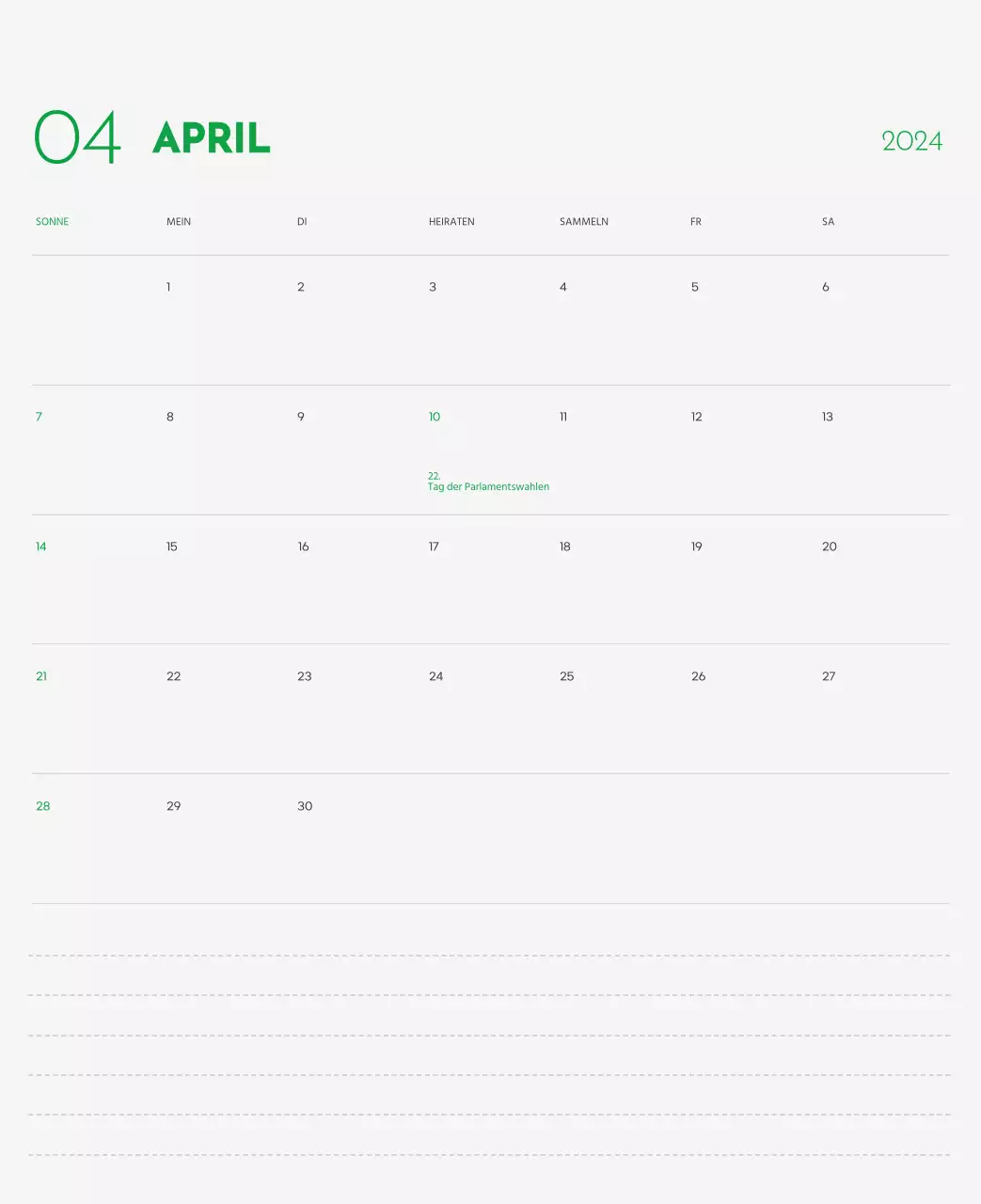 Ein Kalender mit einem Bild eines Welpen und einer niedlichen Botschaft in grünen Akzenten