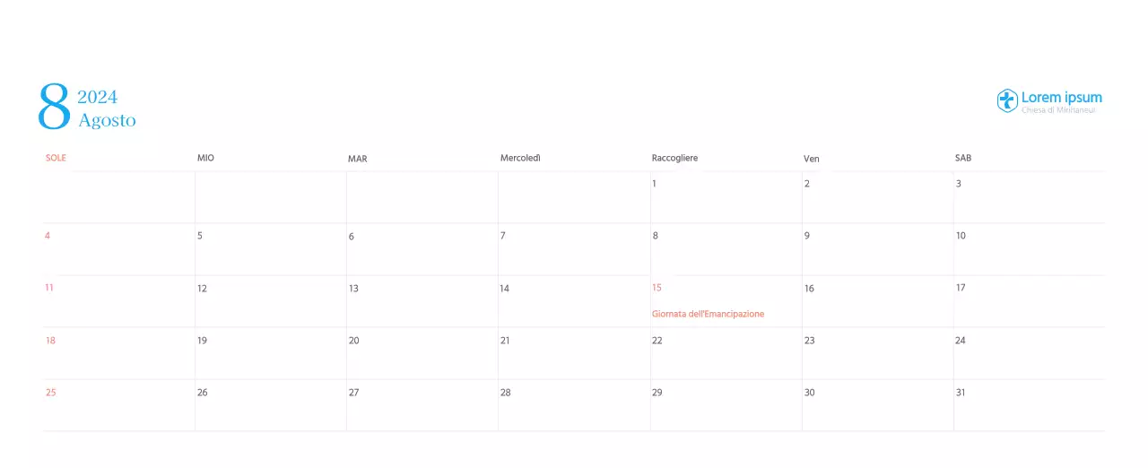 Calendario ecclesiastico blu di concezione moderna