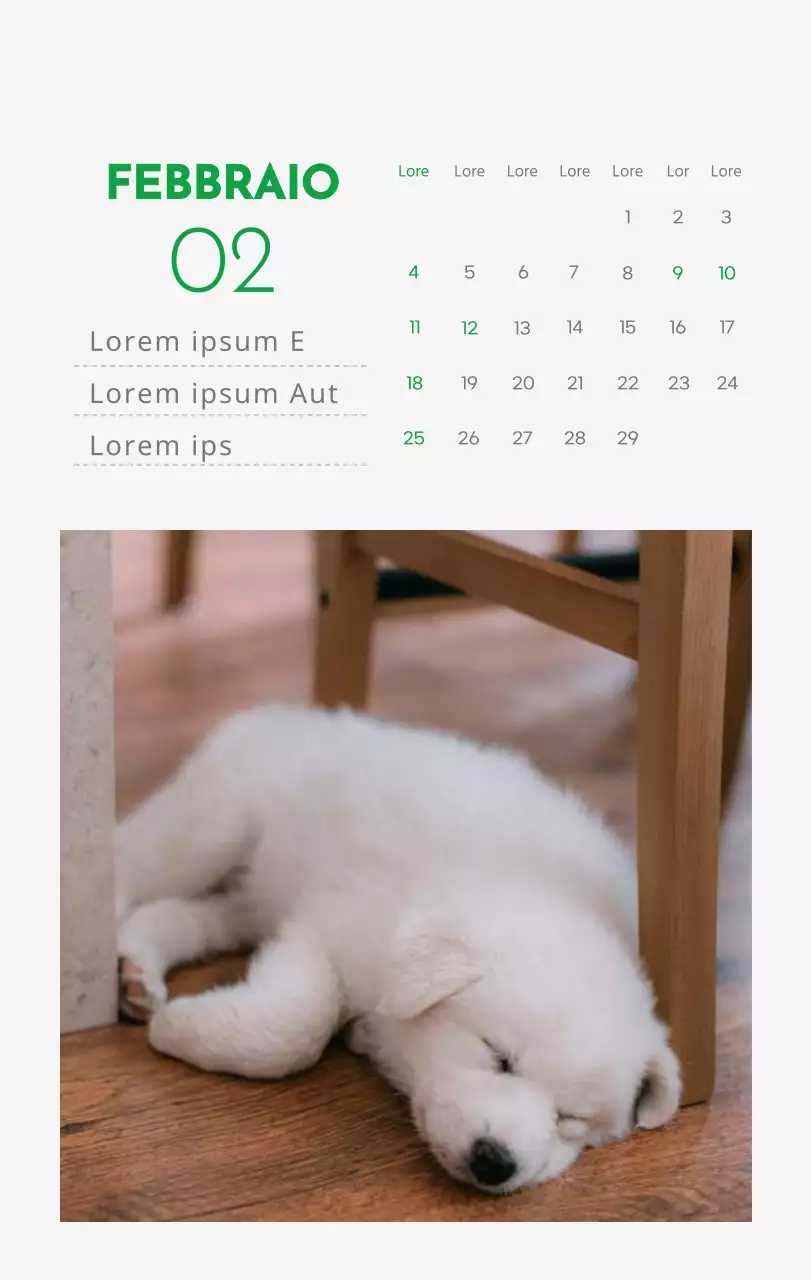 Un calendario con l'immagine di un cucciolo e un simpatico messaggio in verde.