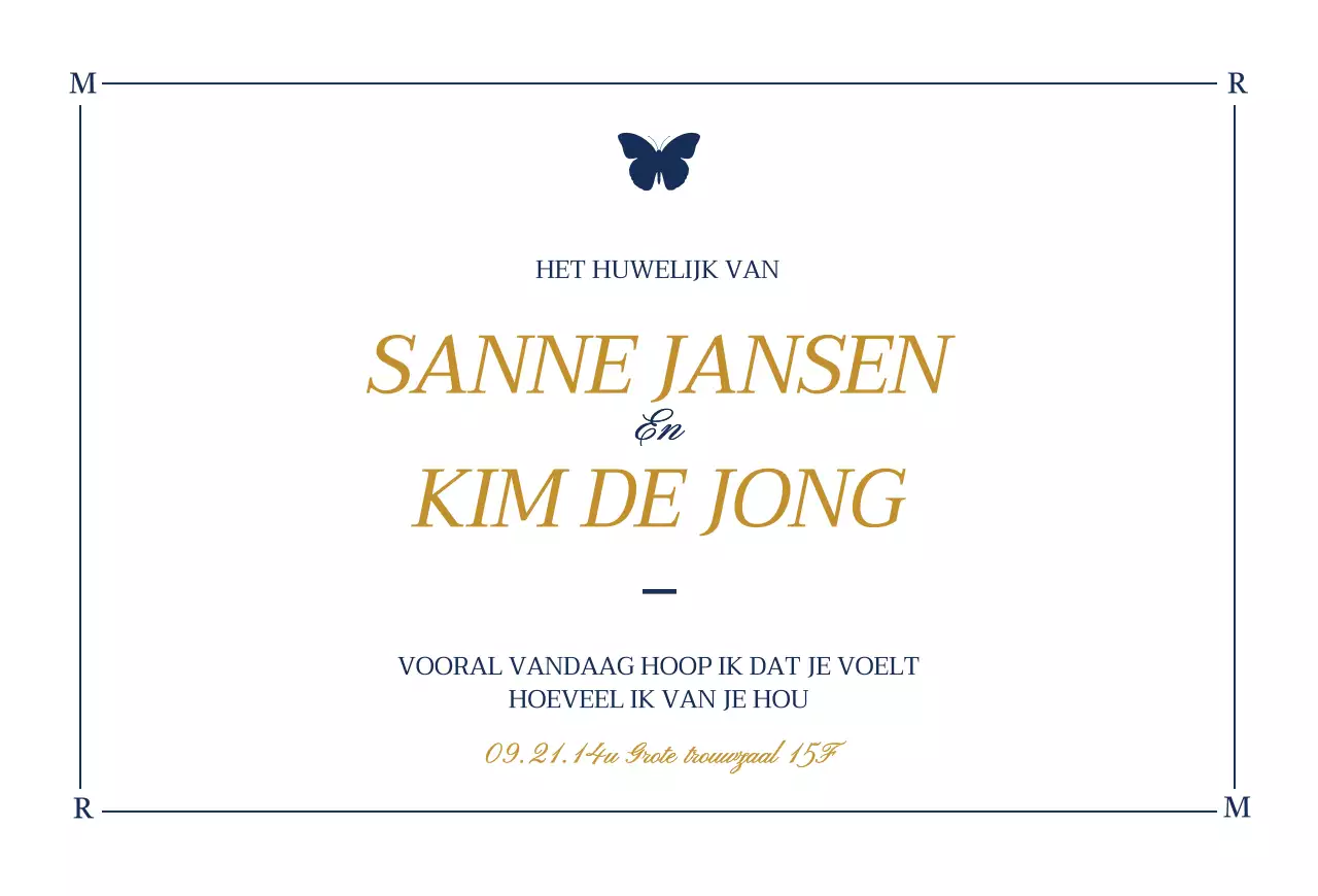 Klassiek ontwerp huwelijksuitnodiging met vlinderillustraties in wit en marineblauw