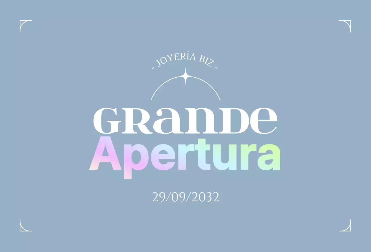 Una postal promocionando la gran apertura de una joyería en tonos azul claro