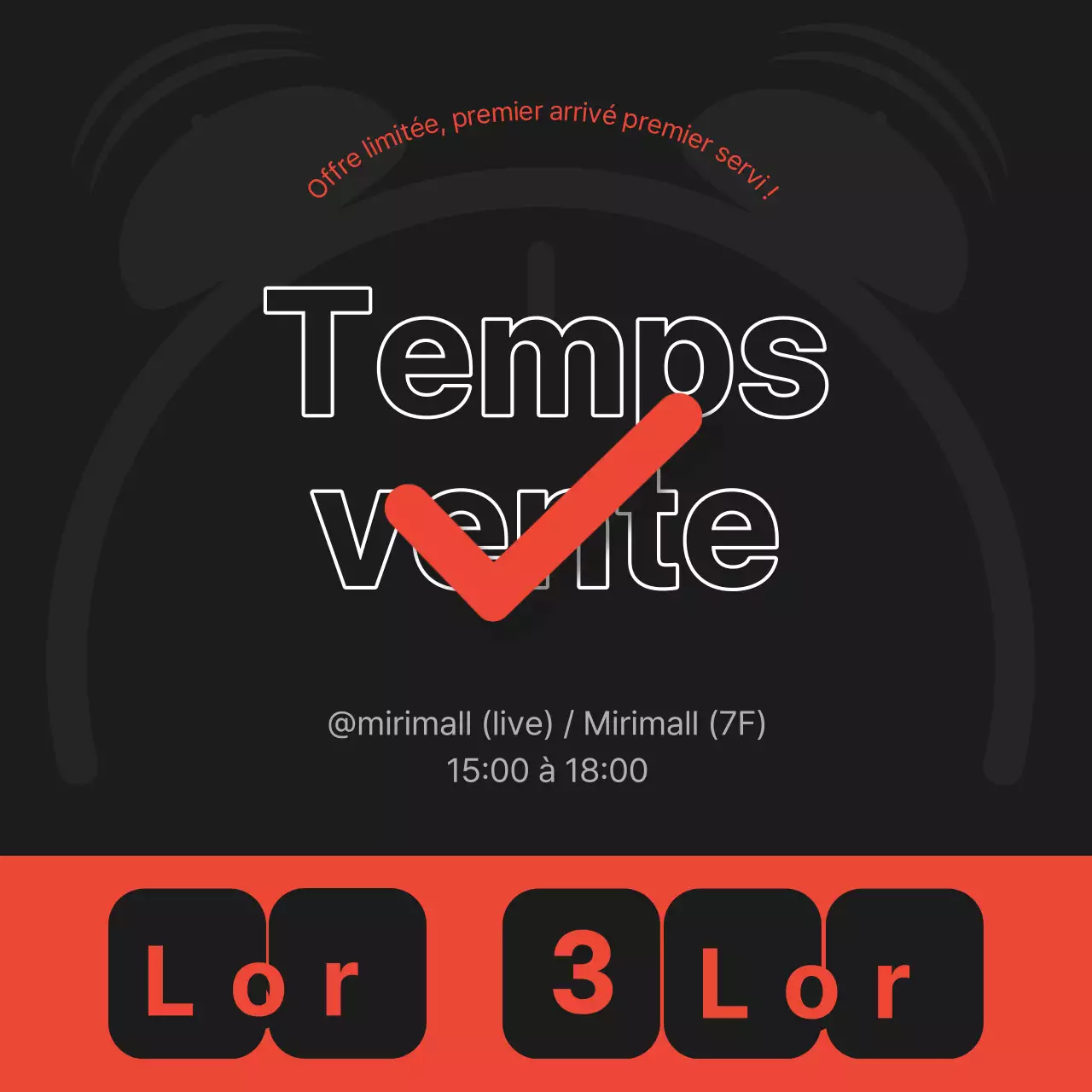 Annonce minimaliste de vente de temps en noir et rouge
