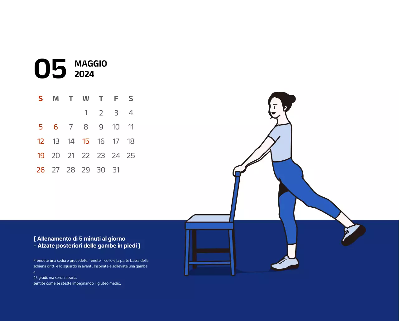 Calendario semplice con illustrazioni pulite in blu