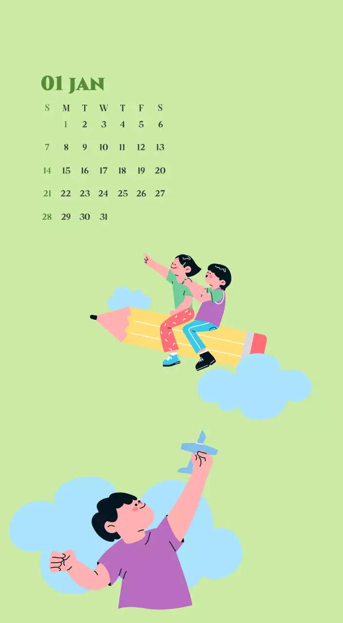 Kalender met jeugdillustraties op een gele en groene achtergrond