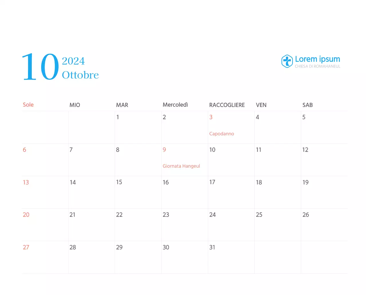 Calendario ecclesiastico blu di concezione moderna