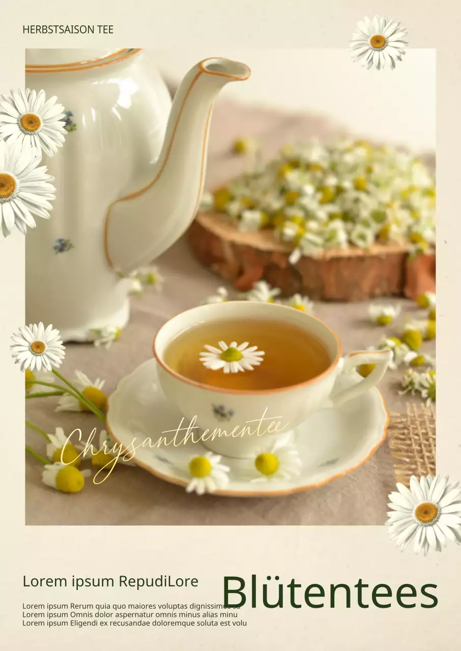 Eine Teekarte für ein Café mit einem klaren, ruhigen Layout und einem sentimentalen Touch durch realistische Bilder von blühenden Tees und Chrysanthemen.