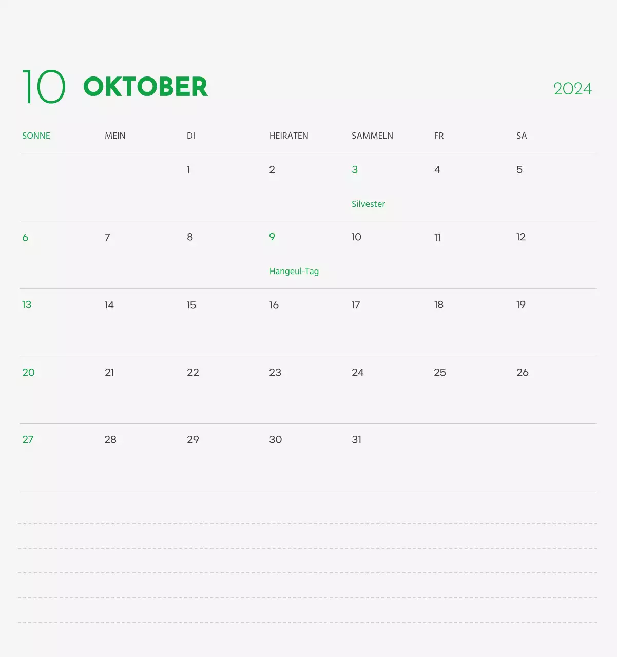 Ein Kalender mit dem Bild eines Welpen und einer niedlichen Botschaft in grünen Akzenten