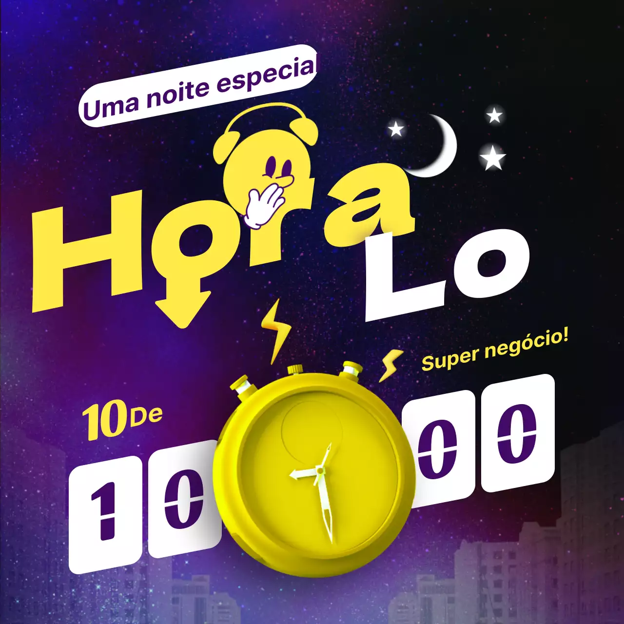 Promover um evento de saldos noturnos em tons de amarelo e roxo