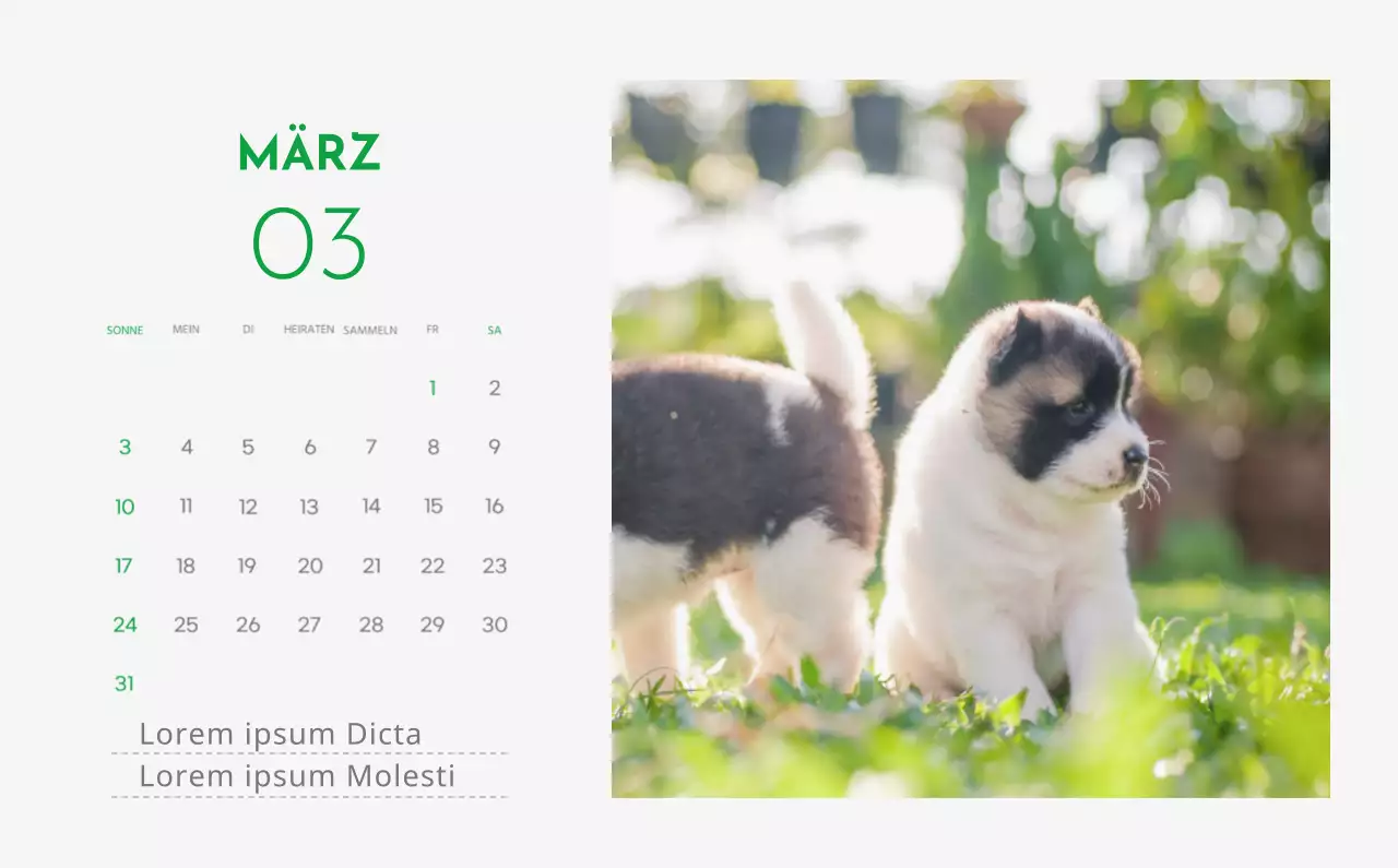 Ein Kalender mit einem Bild eines Welpen und einer niedlichen Botschaft in grünen Akzenten