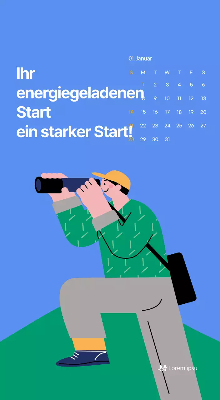 Motivationskalender mit energiegeladenen Illustrationen und positiven Zitaten auf hellblauem Hintergrund