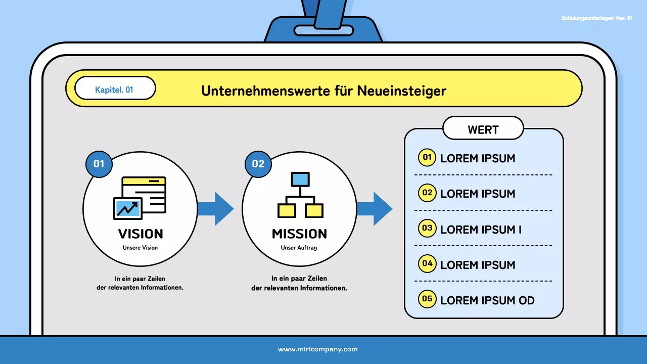 Ein hübsches Trainingsdeck für neue Mitarbeiter in Hellblau und Schwarz