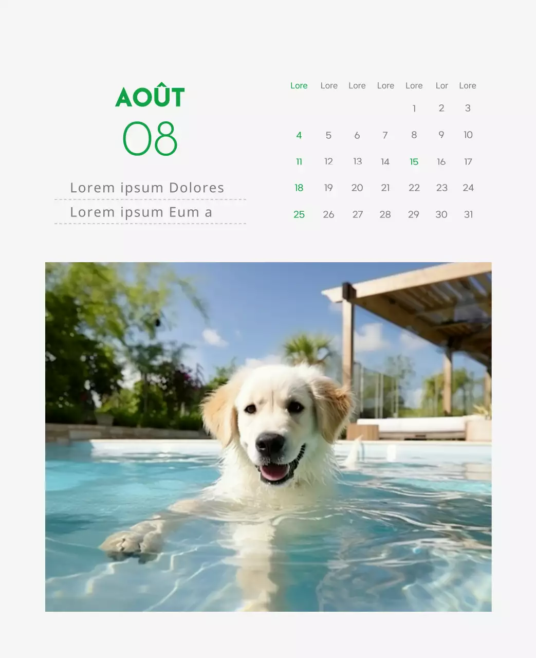 Un calendrier avec la photo d'un chiot et un message mignon aux accents verts.