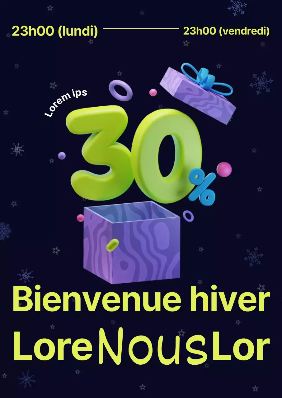 Les soldes d'hiver se caractérisent par des graphiques en 3D aux couleurs vives, des polices de caractères audacieuses et des flocons de neige.