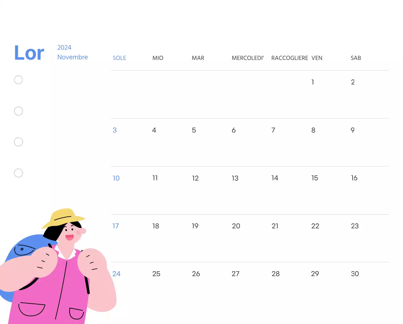Calendario motivazionale con illustrazioni energetiche e citazioni positive su sfondo azzurro