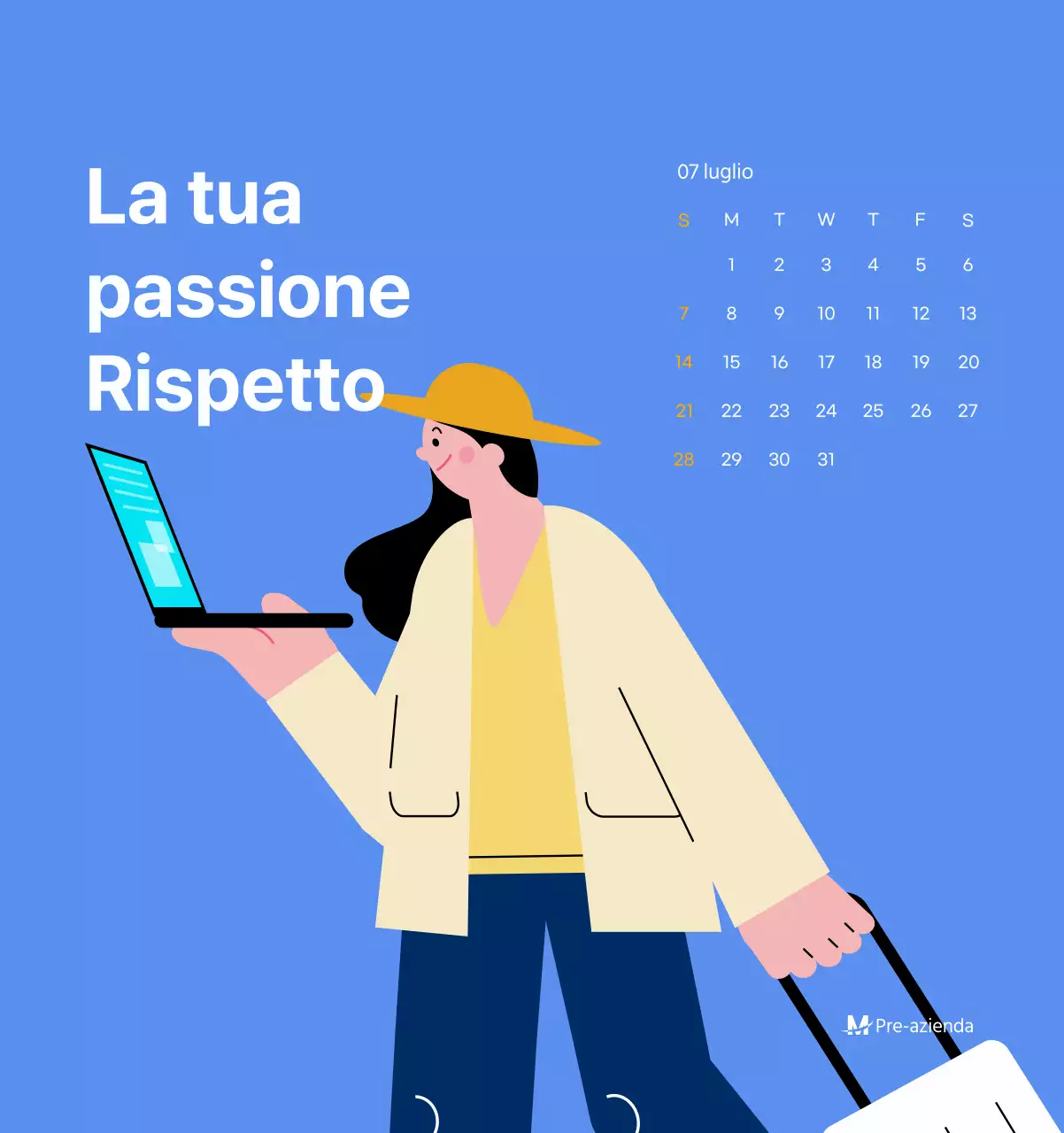 Calendario motivazionale con illustrazioni energetiche e citazioni positive su sfondo azzurro