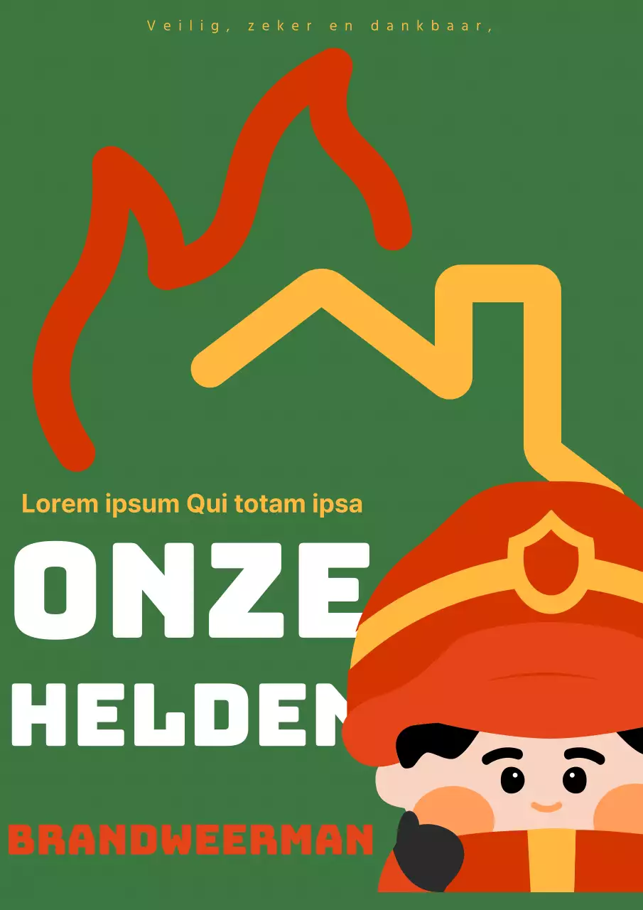 Promoot een eenvoudige illustratie van een brandweerman in wit, geel en rood op een groene achtergrond