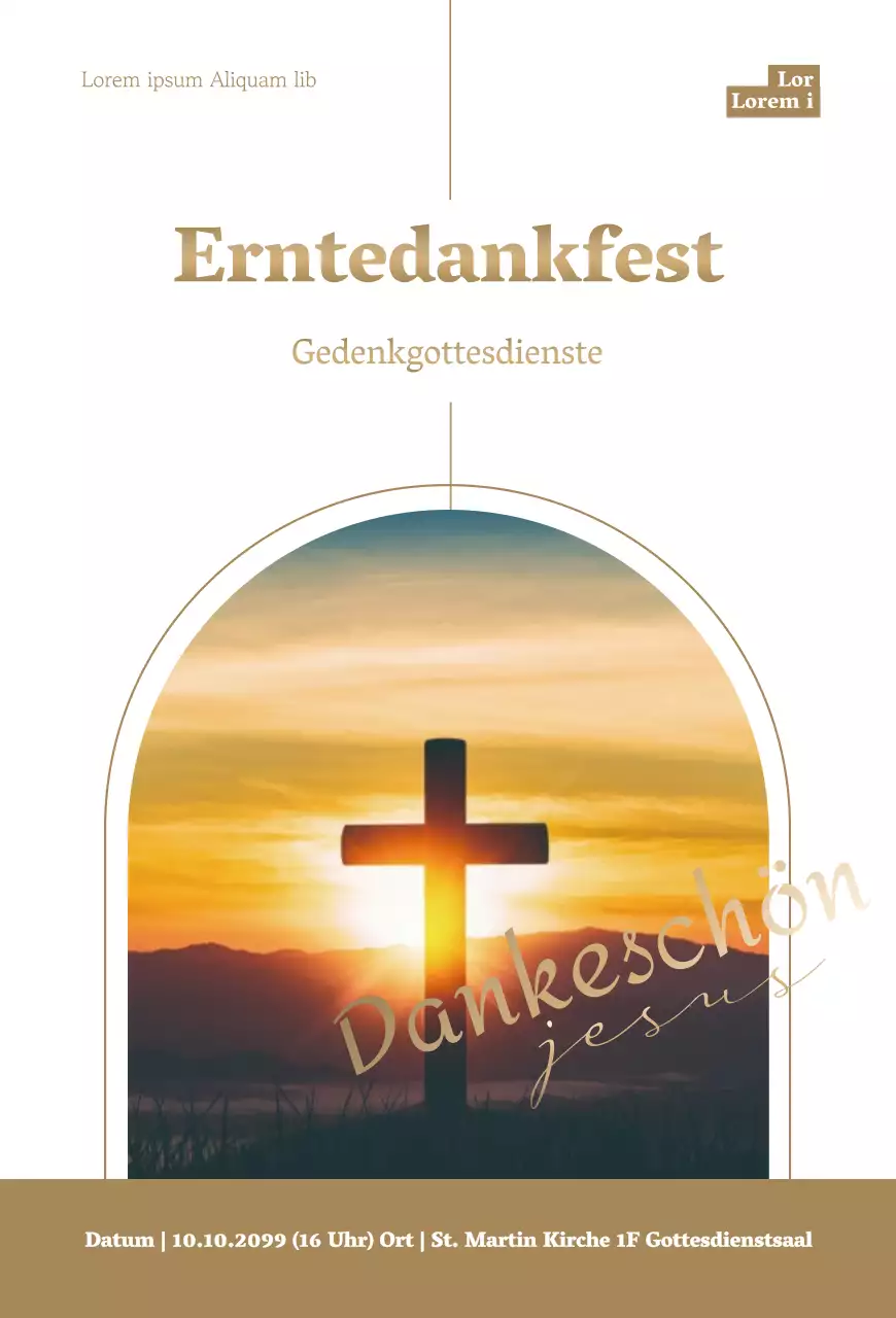 Stilvolle Einladung zum Erntedankgottesdienst mit braunem Text und Kreuzbild