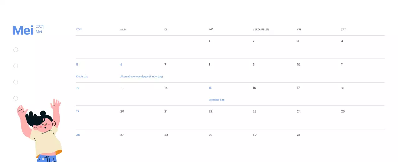 Motiverende kalender met energieke illustraties en positieve citaten op een lichtblauwe achtergrond