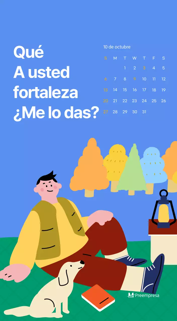 Calendario motivacional con ilustraciones llenas de energía y citas positivas sobre fondo azul claro
