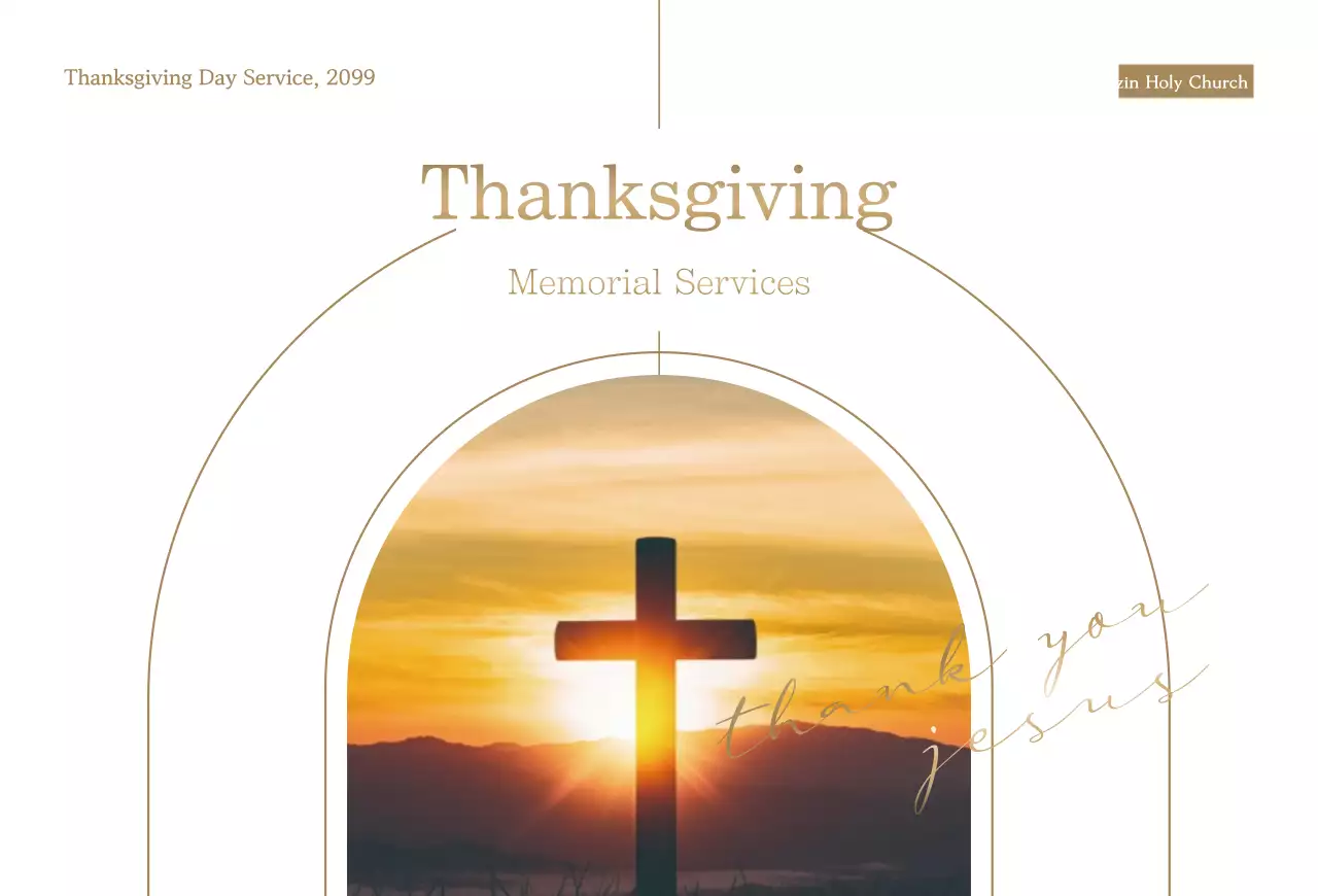 Undangan kebaktian Thanksgiving yang ramping dengan teks berwarna cokelat dan gambar salib