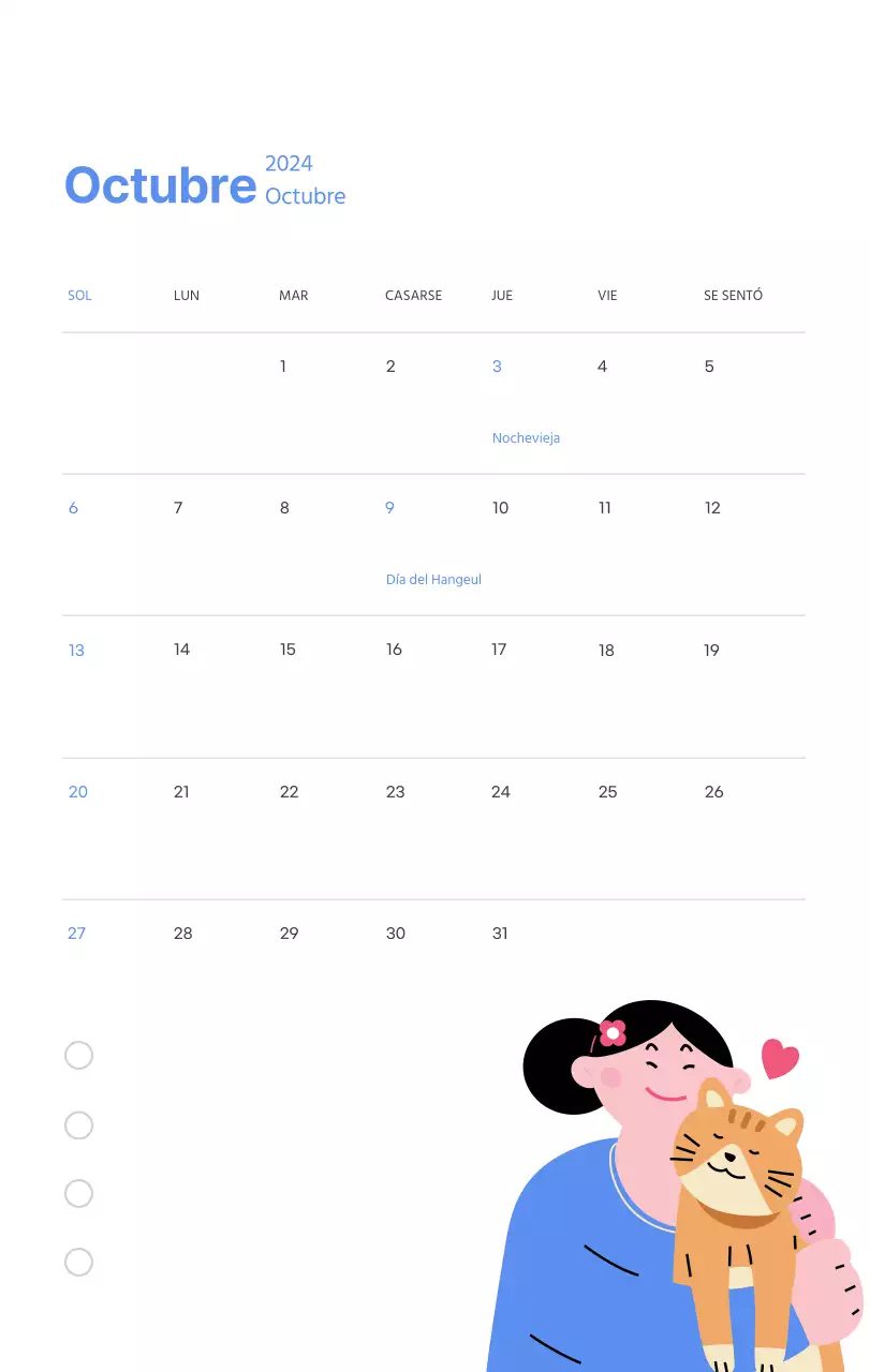 Calendario motivacional con ilustraciones llenas de energía y citas positivas sobre fondo azul claro