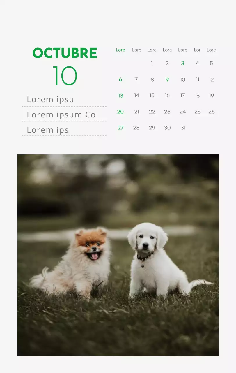 Un calendario con la imagen de un cachorro y un bonito mensaje en tonos verdes.
