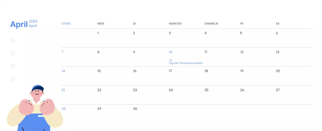 Motivationskalender mit energiegeladenen Illustrationen und positiven Zitaten auf hellblauem Hintergrund