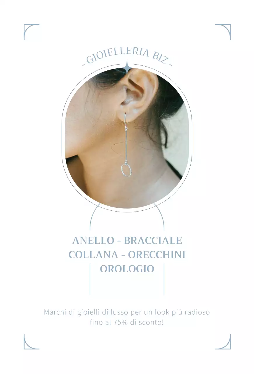 Una cartolina che promuove l'apertura di una gioielleria nei toni del blu chiaro