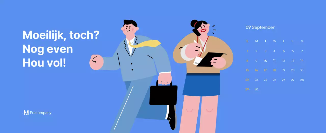 Motiverende kalender met energieke illustraties en positieve citaten op een lichtblauwe achtergrond