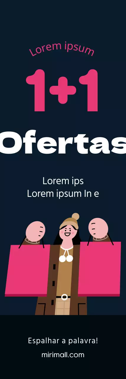 Promoção de inverno que realça a promoção "compre um, leve outro", com a ilustração de uma pessoa a transportar um saco de compras com pontos cor-de-rosa sobre um fundo preto.