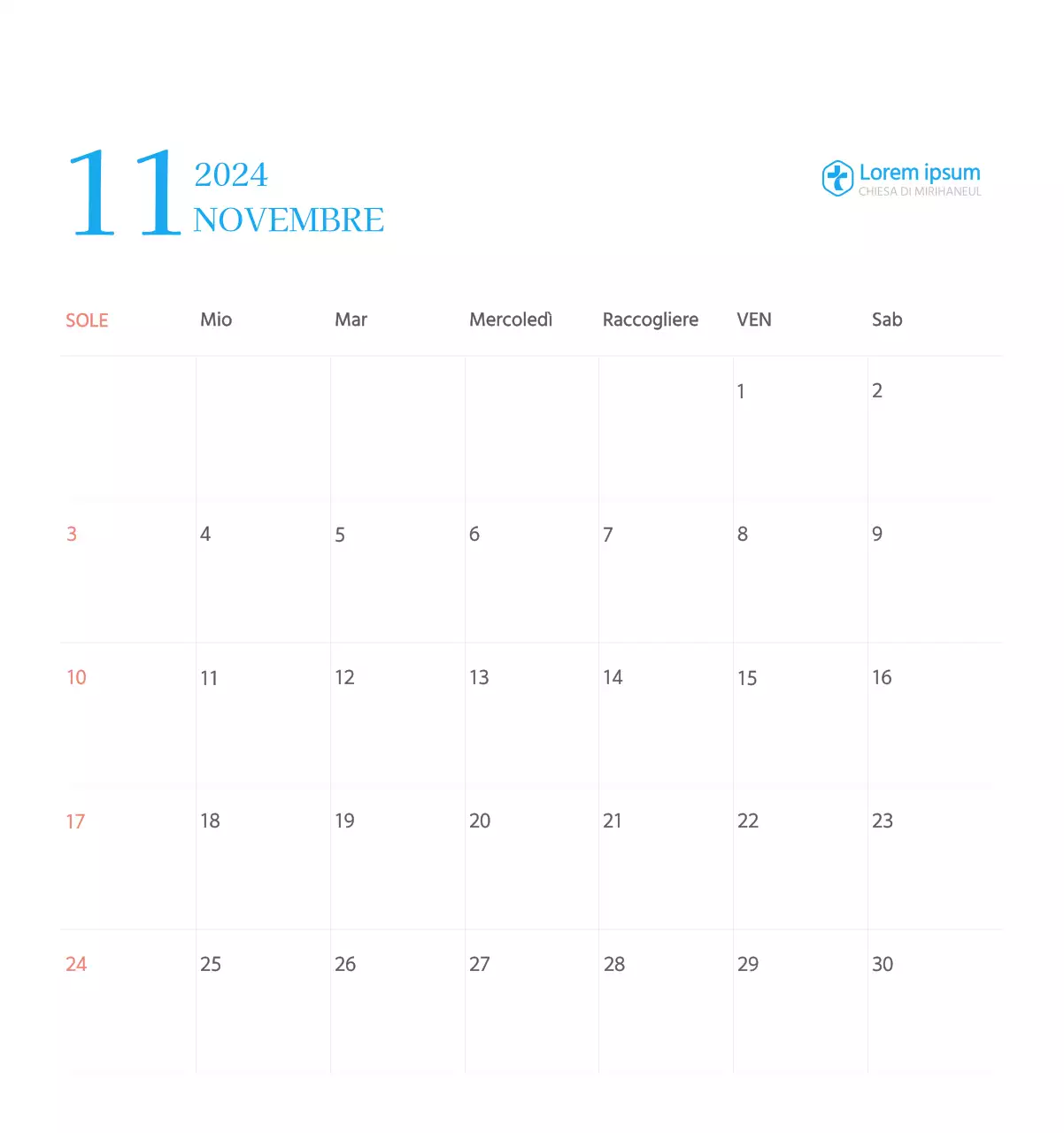 Calendario ecclesiastico blu di concezione moderna