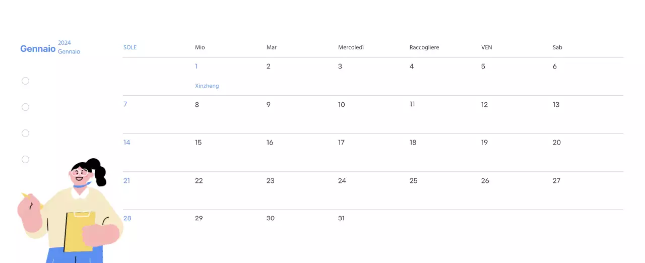 Calendario motivazionale con illustrazioni energetiche e citazioni positive su sfondo azzurro