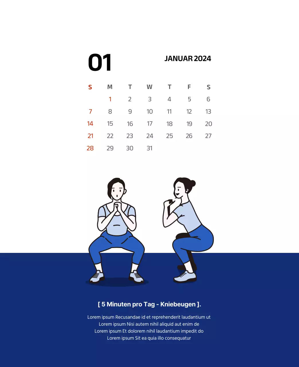 Einfacher Kalender mit klaren Illustrationen in Blau