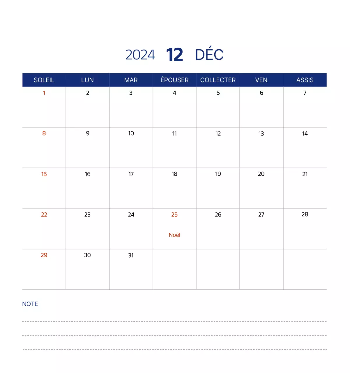 Calendrier simple avec des illustrations épurées en bleu