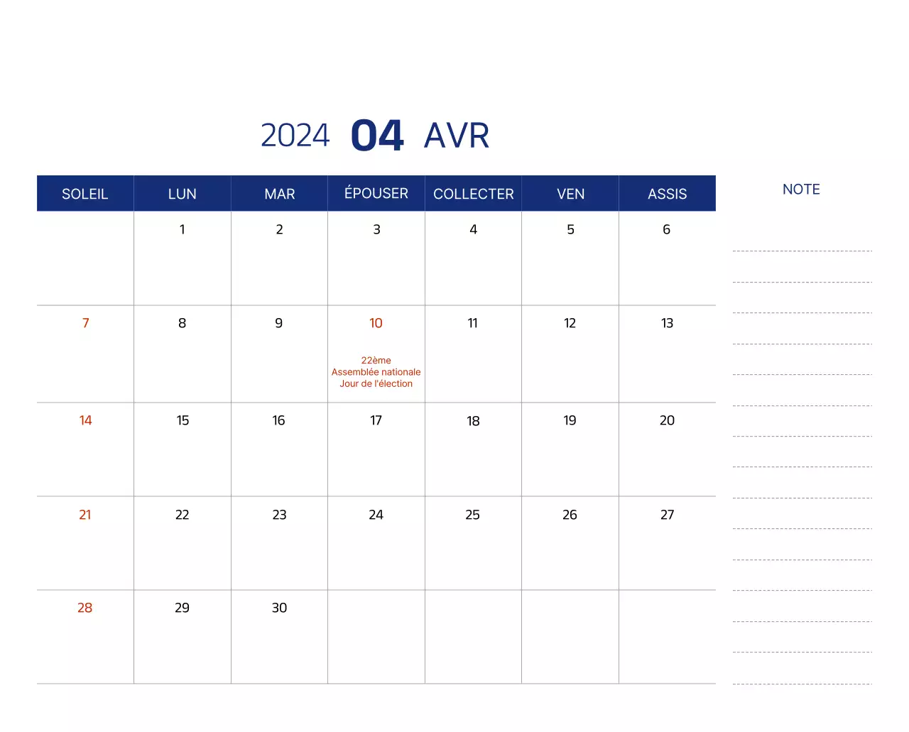 Calendrier simple avec des illustrations épurées en bleu