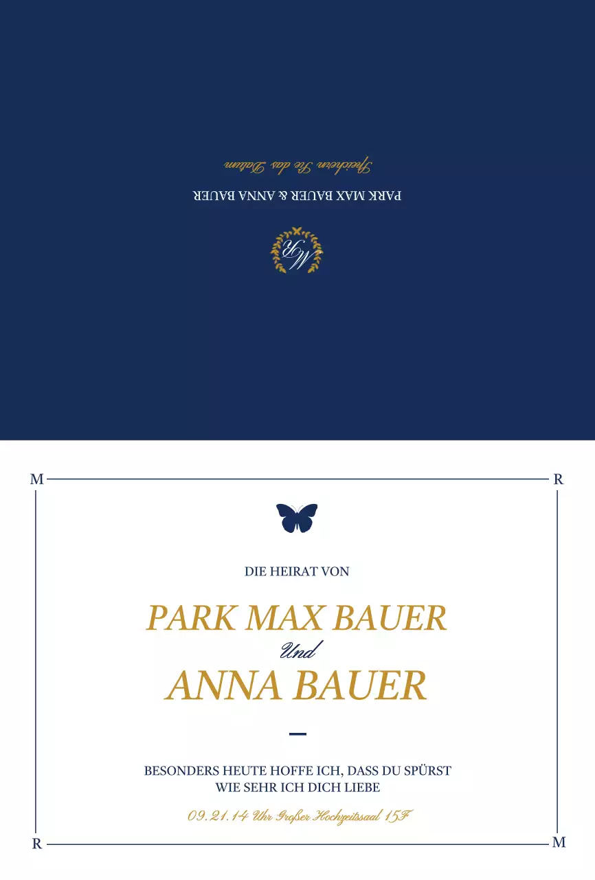 Elegantes Design Hochzeitseinladung mit Schmetterling Illustrationen in weiß und marineblau