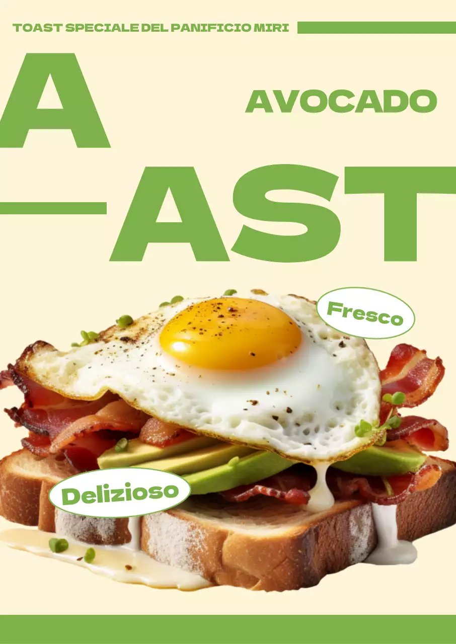 Avocado toast brunch Un menu di caffetteria e panetteria con immagini fotorealistiche e layout di testo e accenti di colore in grassetto