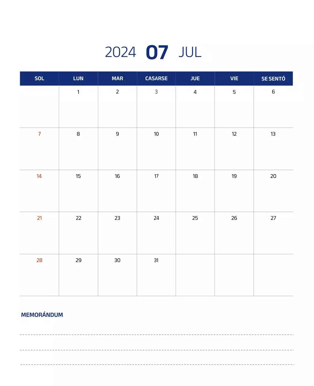 Calendario sencillo con ilustraciones limpias en azul