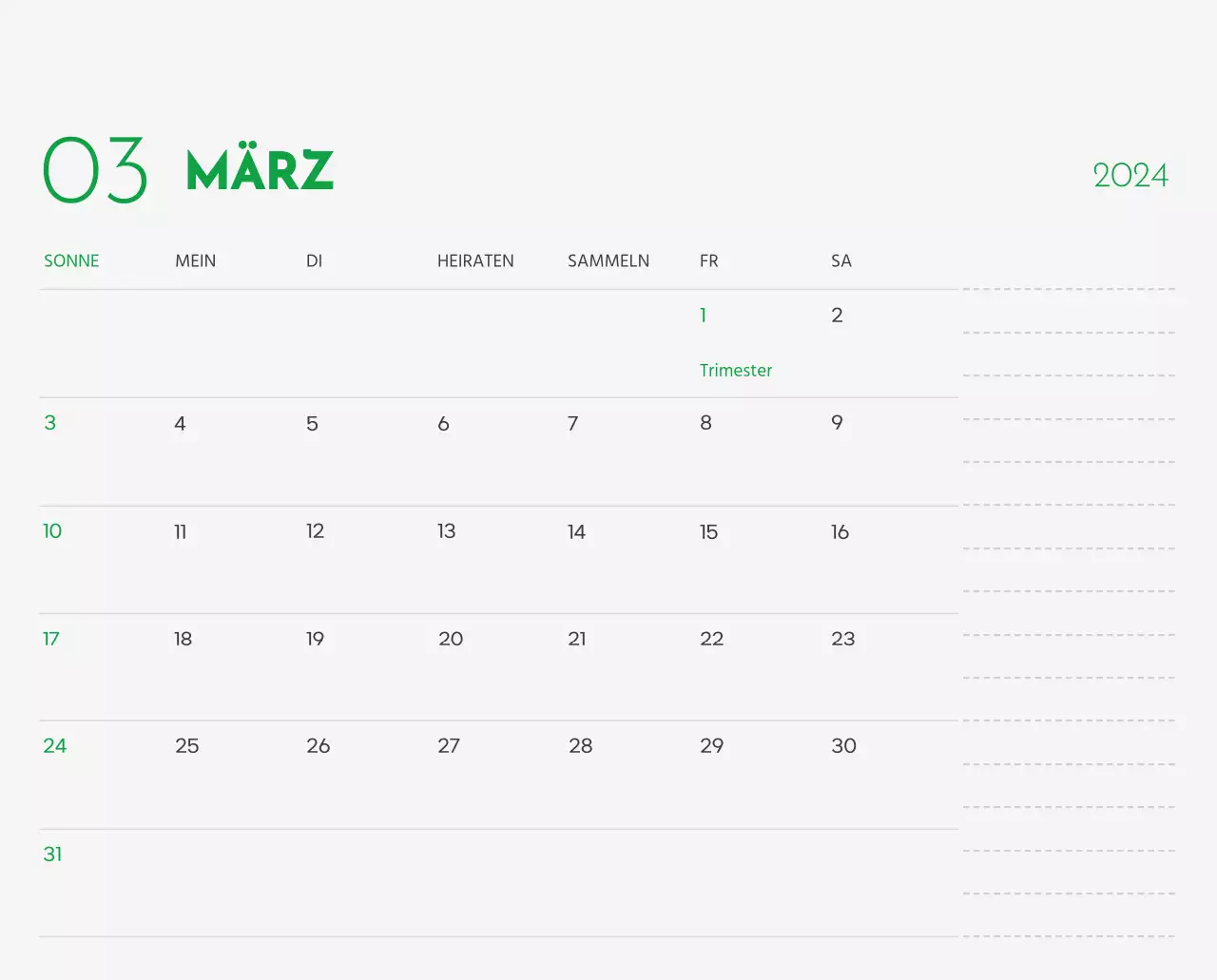 Ein Kalender mit einem Bild eines Welpen und einer niedlichen Botschaft in grünen Akzenten