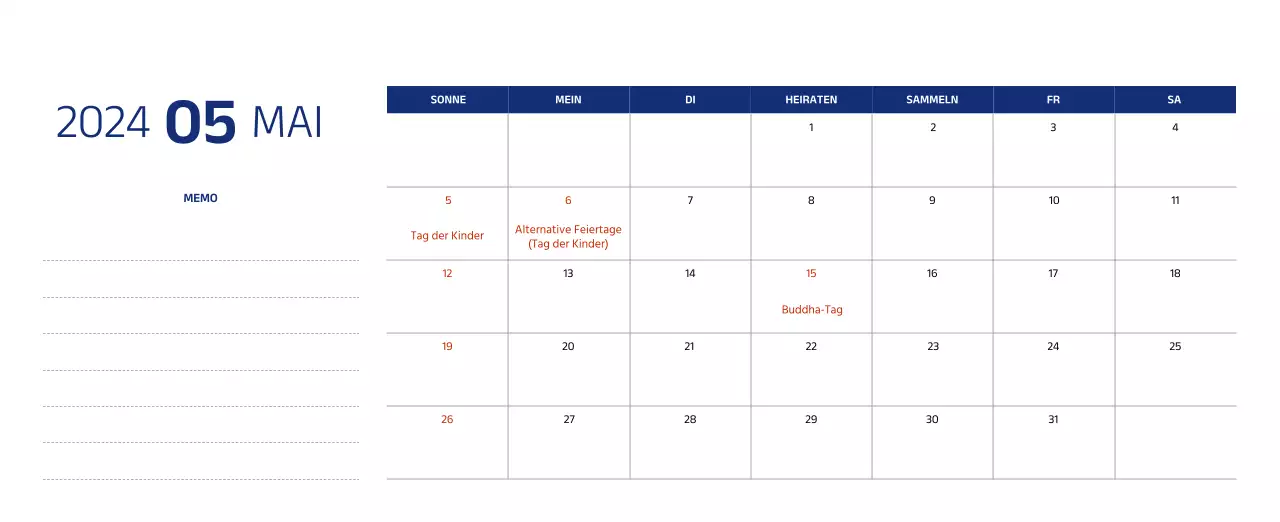 Einfacher Kalender mit klaren Illustrationen in Blau