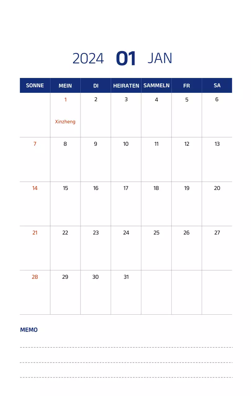 Einfacher Kalender mit klaren Illustrationen in Blau