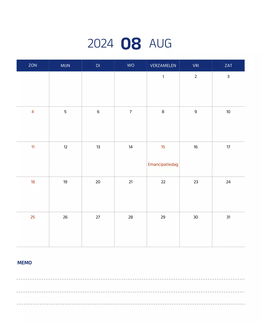 Eenvoudige kalender met strakke illustraties in blauw