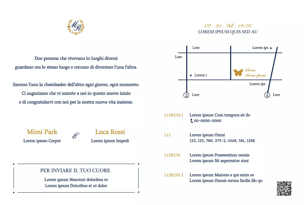 Invito di nozze dal design elegante con illustrazioni di farfalle in bianco e blu navy