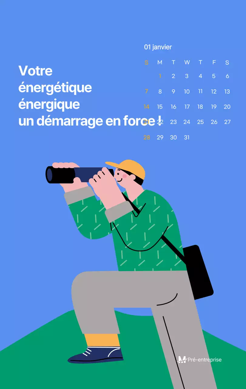 Calendrier de motivation avec des illustrations énergiques et des citations positives sur un fond bleu clair