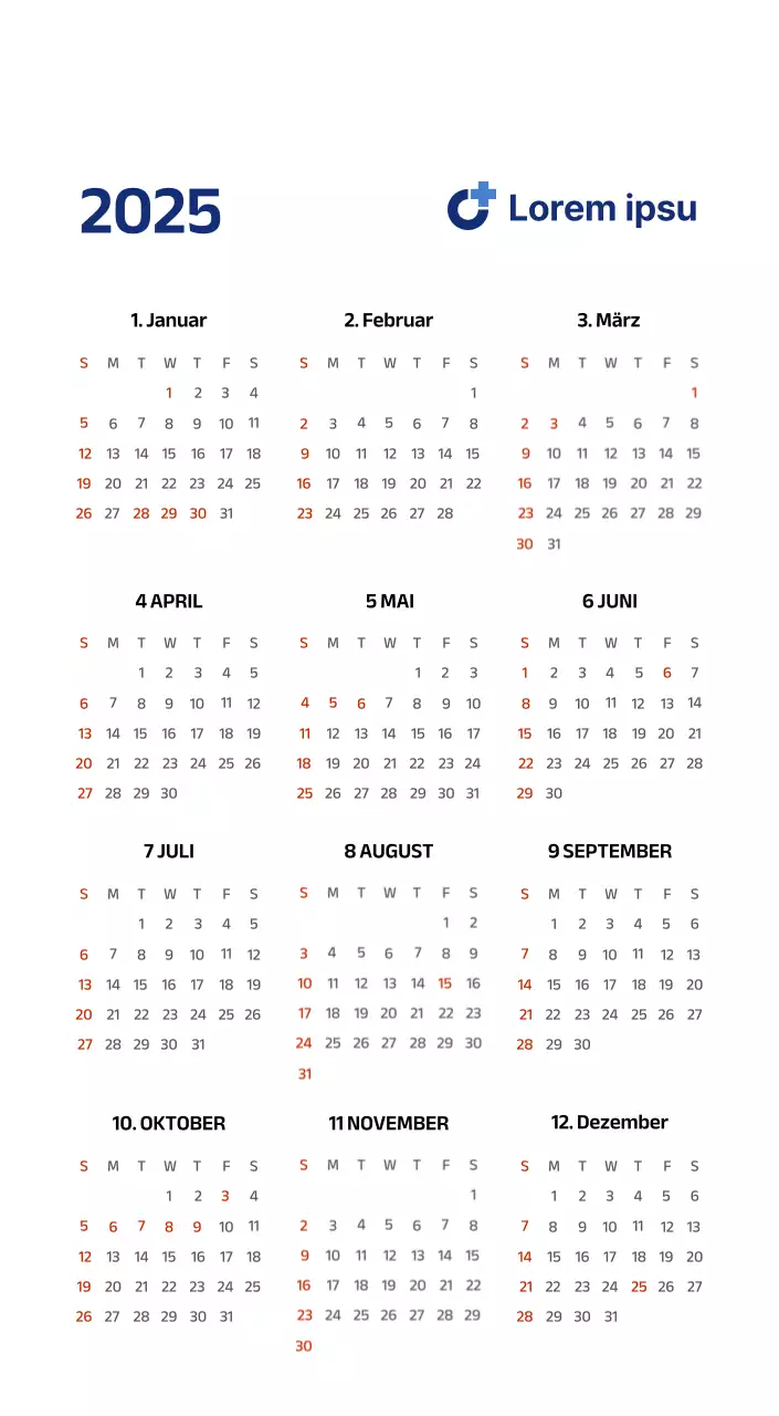 Einfacher Kalender mit klaren Illustrationen in Blau