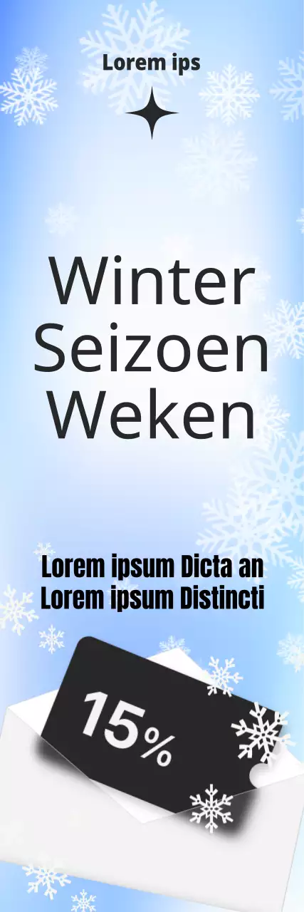 Een winters kleurverloop en sneeuwvlokachtergrond met een strakke lettertypische lay-out en couponafbeelding voor een winterse seizoensuitverkoop.
